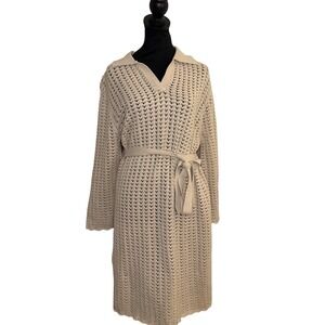 NWT New York & Company Beige Cotton Blend Openwork Knit Dress Knee Length Size L